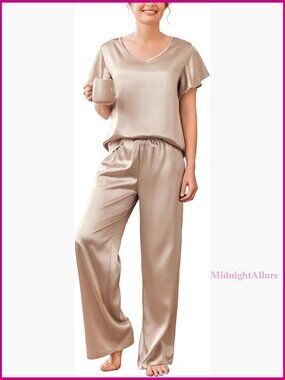 Silky Satin Pajama Set 2-Piece Loose Fit Short Sleeve Shirt Long Pants